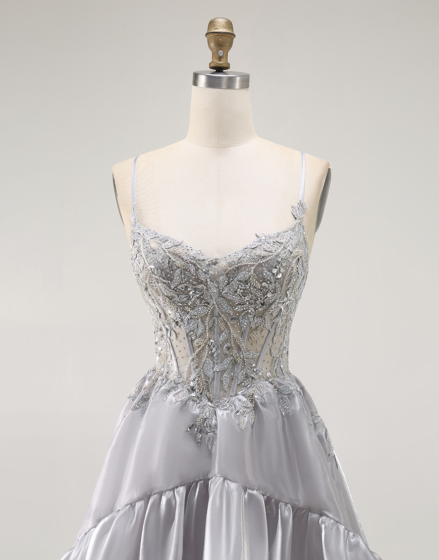 Sparkly Grey Corset Ruffled A Line Long Prom Dress with Beading