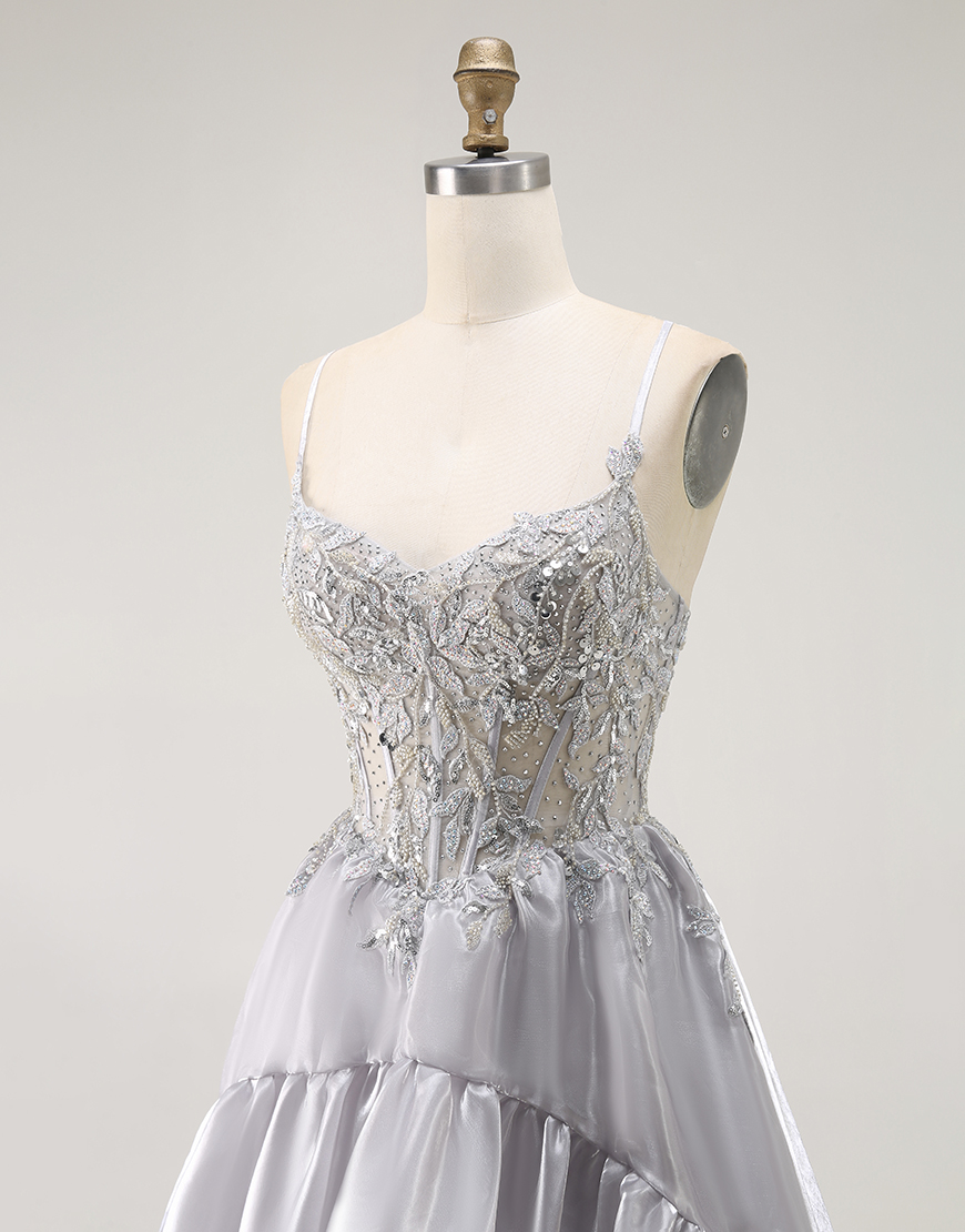 Sparkly Grey Corset Ruffled A Line Long Prom Dress with Beading