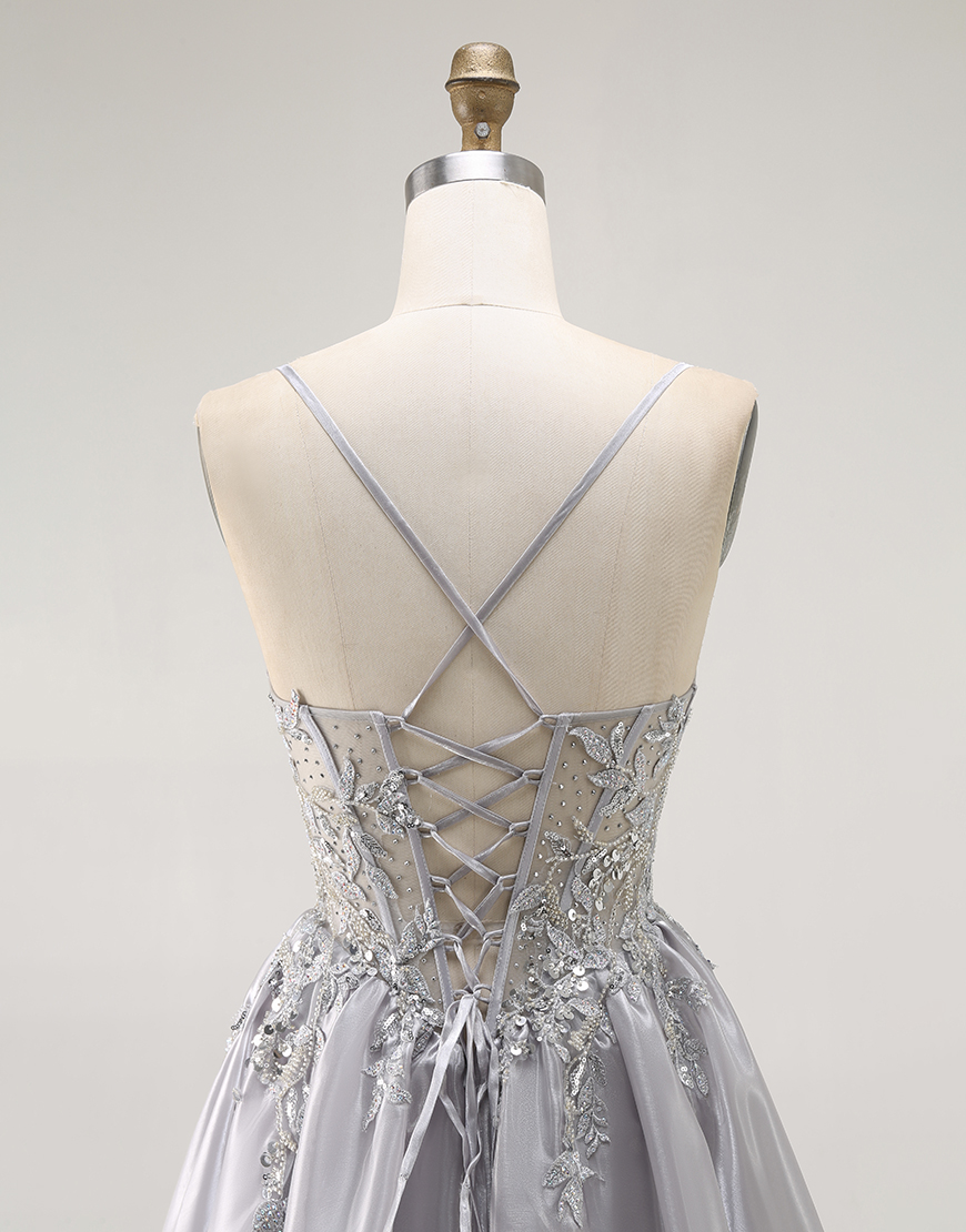 Sparkly Grey Corset Ruffled A Line Long Prom Dress with Beading