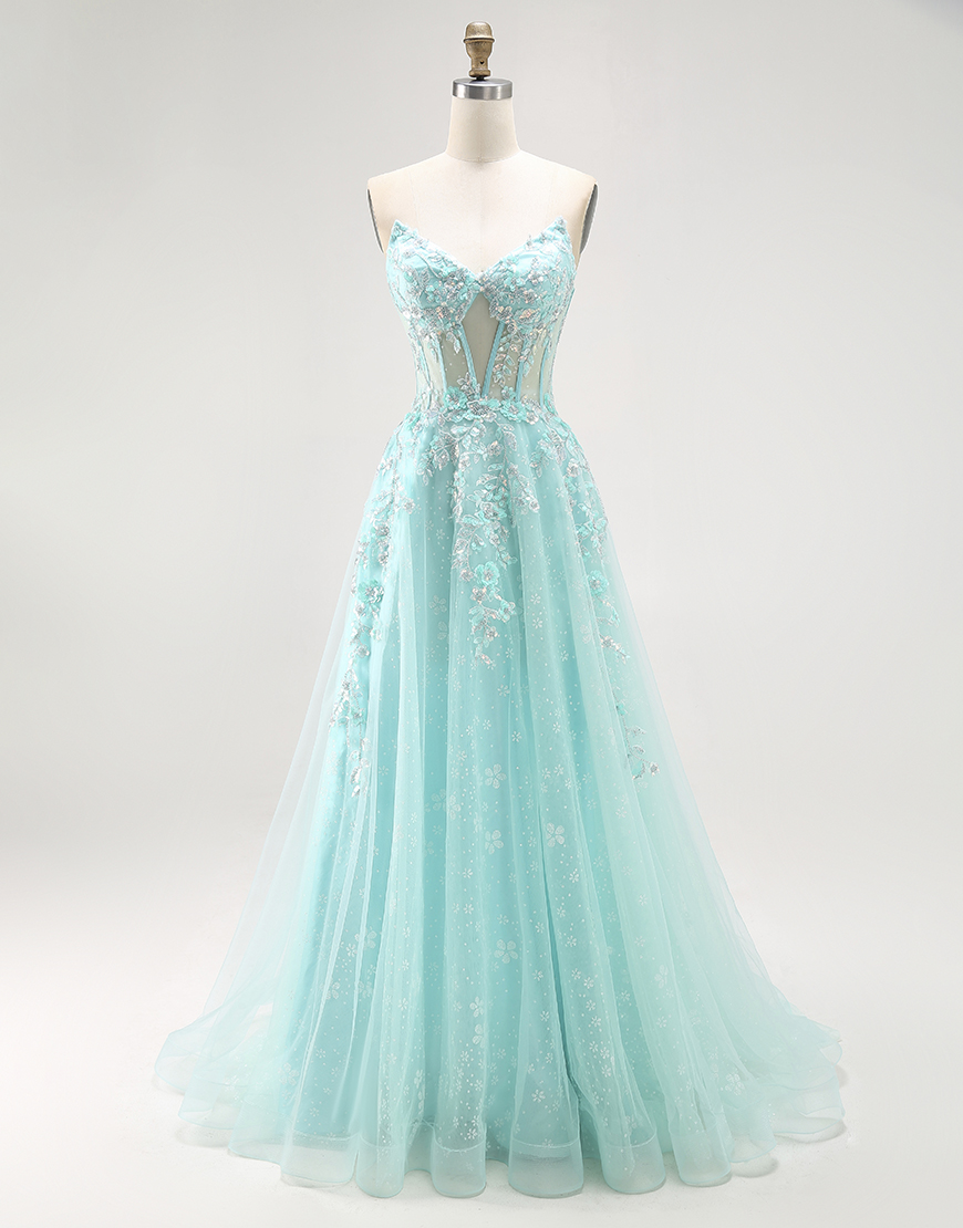 Sparkly Green A Line Corset Long Prom Dress with Lace