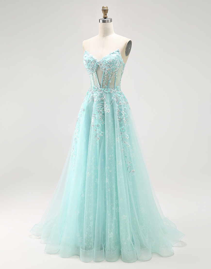 Sparkly Green A Line Corset Long Prom Dress with Lace