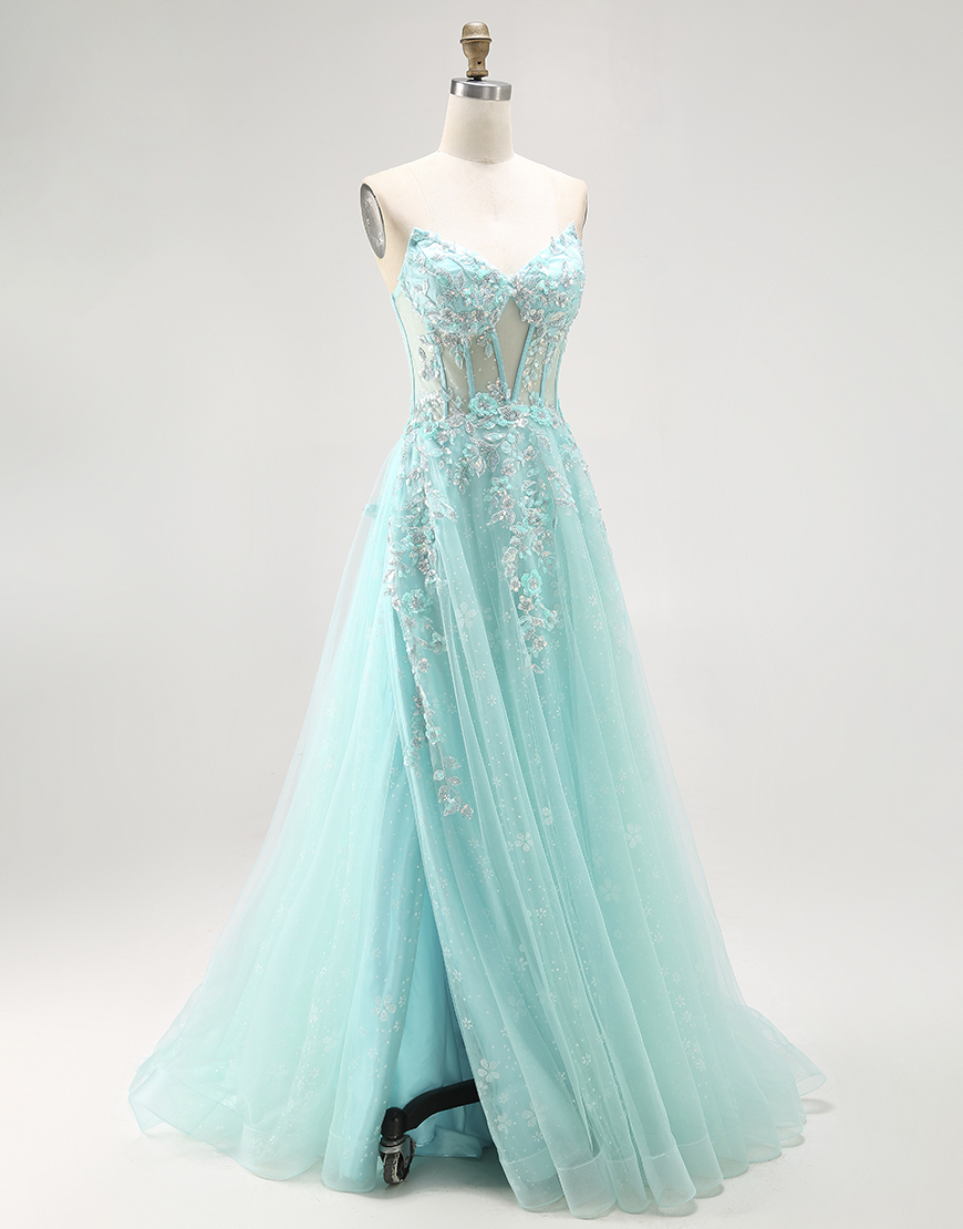 Sparkly Green A Line Corset Long Prom Dress with Lace