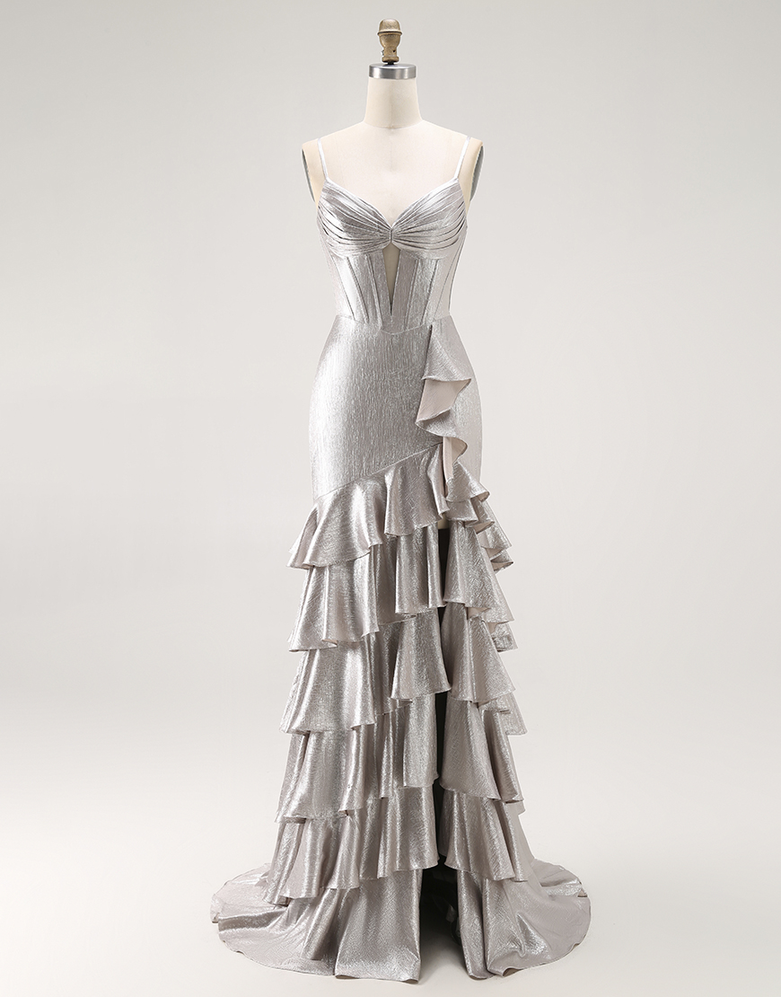 Grey Ruffled Mermaid Metallic Corset Long Prom Dress with Slit