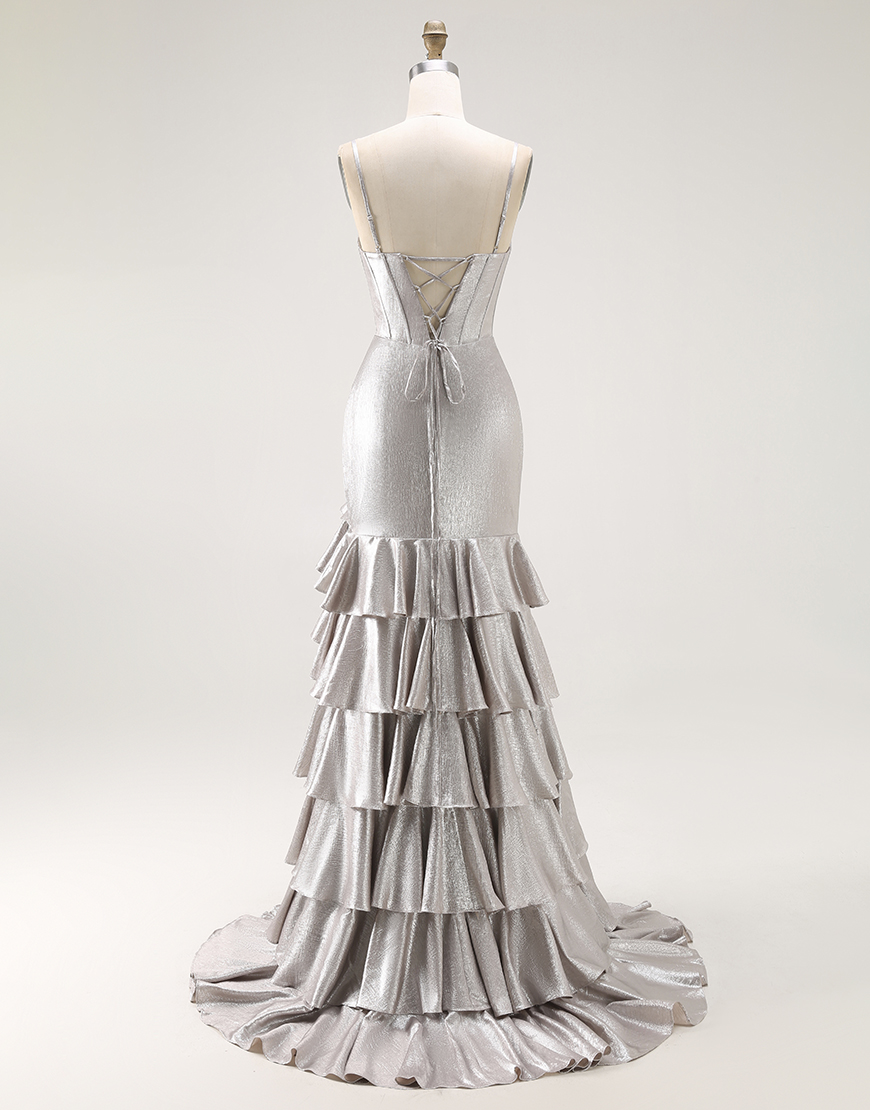 Grey Ruffled Mermaid Metallic Corset Long Prom Dress with Slit