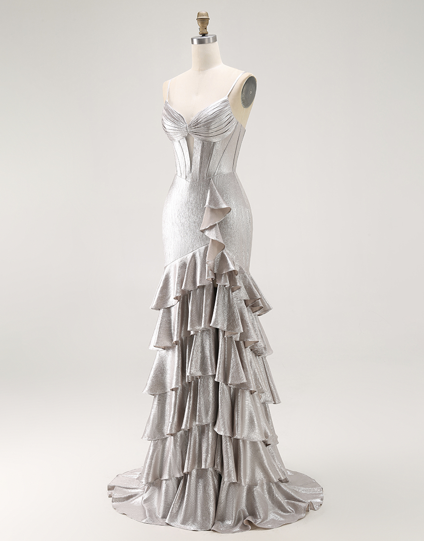 Grey Ruffled Mermaid Metallic Corset Long Prom Dress with Slit