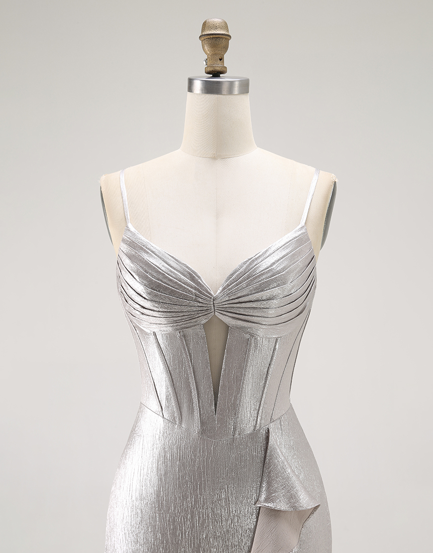 Grey Ruffled Mermaid Metallic Corset Long Prom Dress with Slit