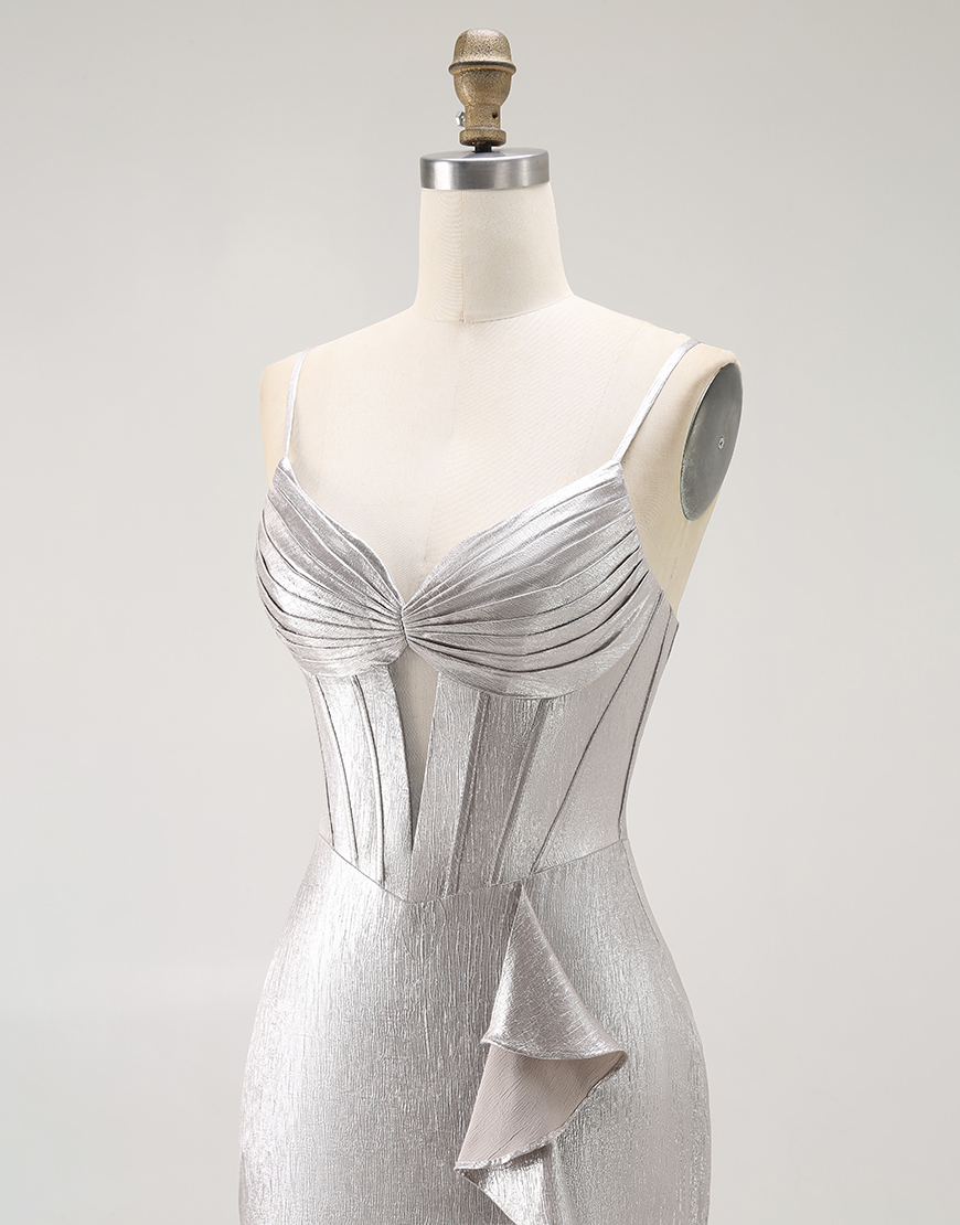 Grey Ruffled Mermaid Metallic Corset Long Prom Dress with Slit