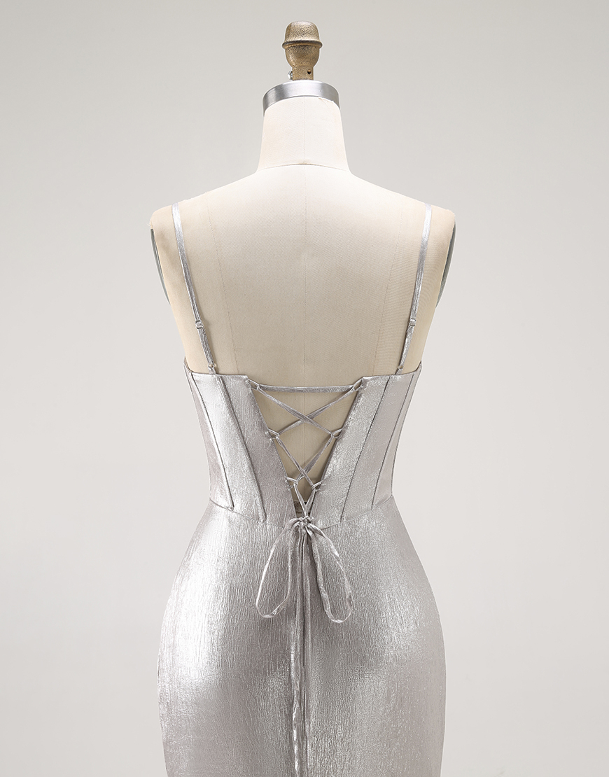 Grey Ruffled Mermaid Metallic Corset Long Prom Dress with Slit