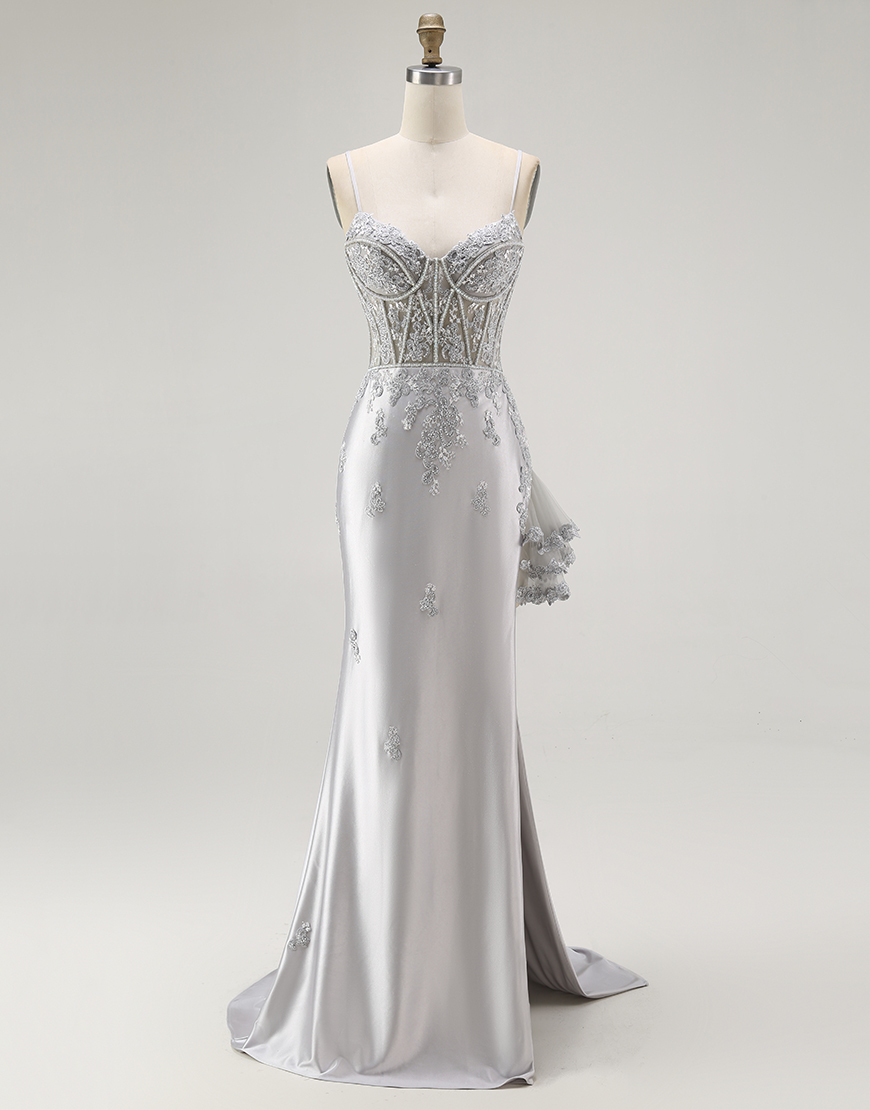 Sparkly Grey Mermaid Corset Long Prom Dress with Beading