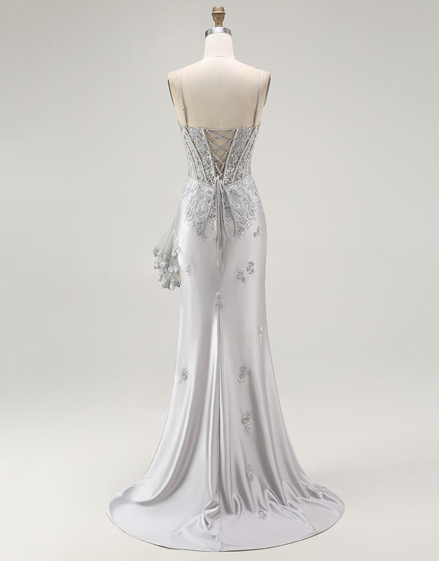 Sparkly Grey Mermaid Corset Long Prom Dress with Beading