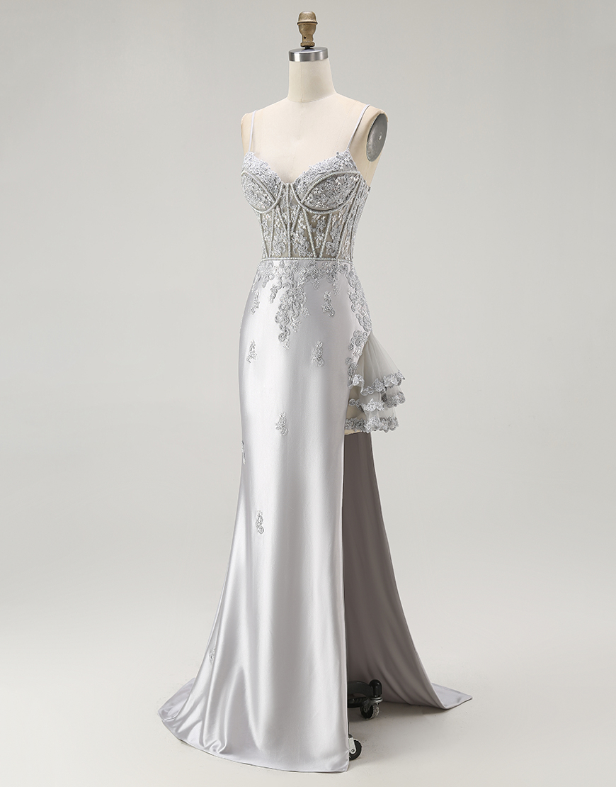 Sparkly Grey Mermaid Corset Long Prom Dress with Beading