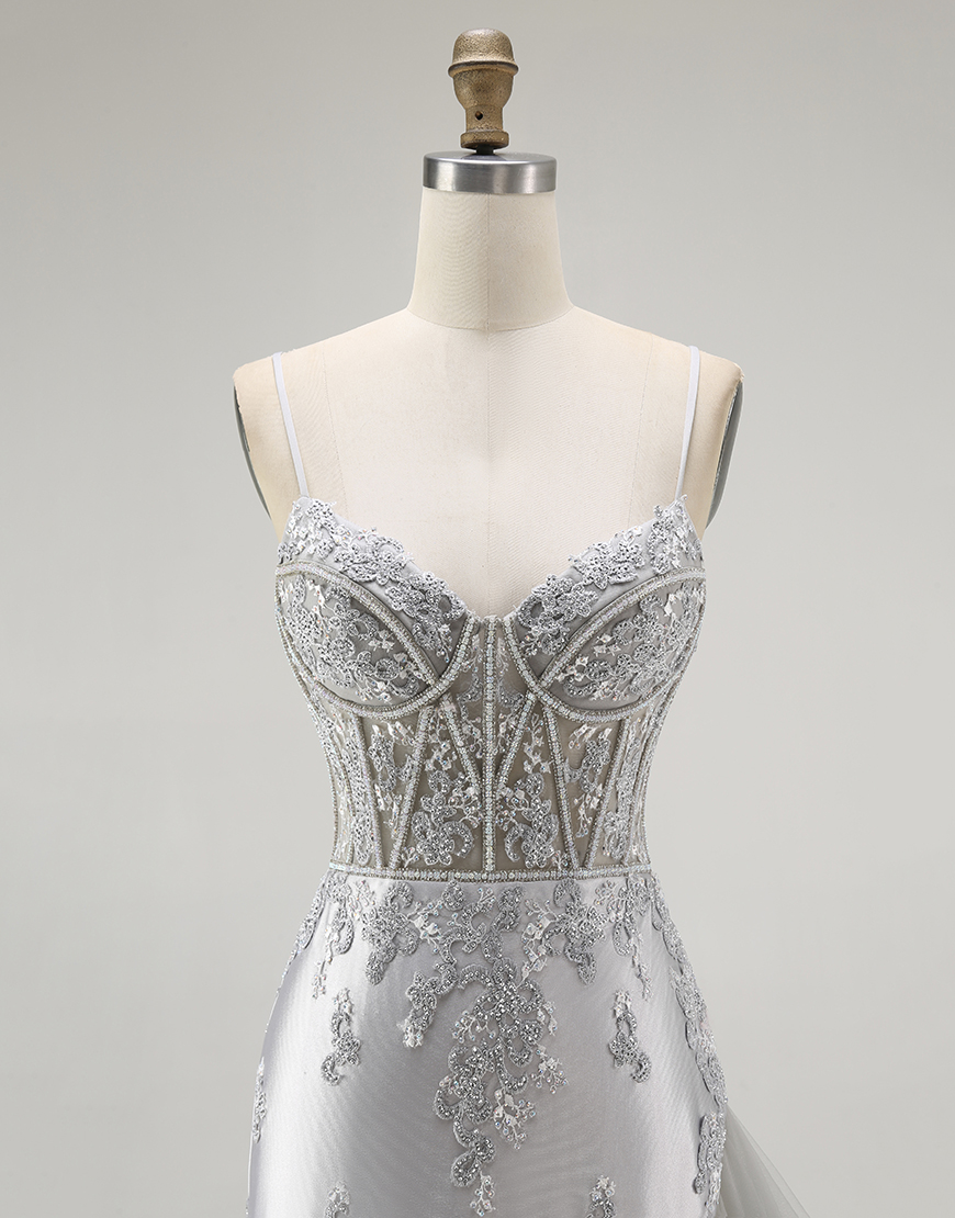 Sparkly Grey Mermaid Corset Long Prom Dress with Beading