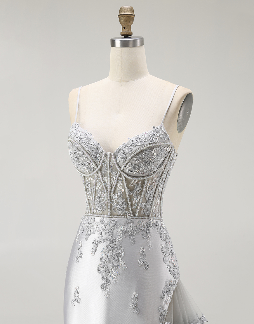 Sparkly Grey Mermaid Corset Long Prom Dress with Beading