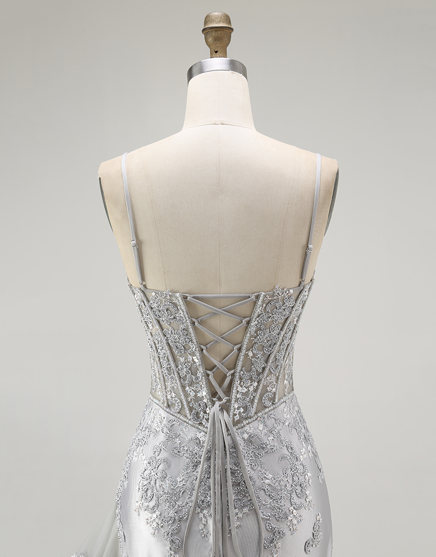 Sparkly Grey Mermaid Corset Long Prom Dress with Beading