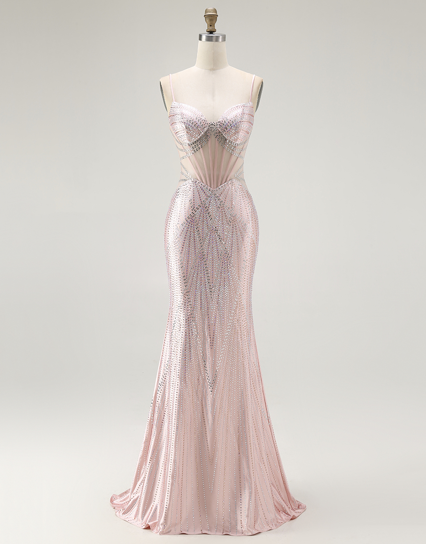 Sparkly Blush Mermaid Beaded Long Corset Prom Dress