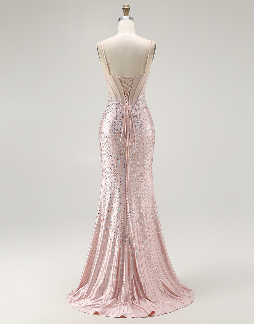 Sparkly Blush Mermaid Beaded Long Corset Prom Dress