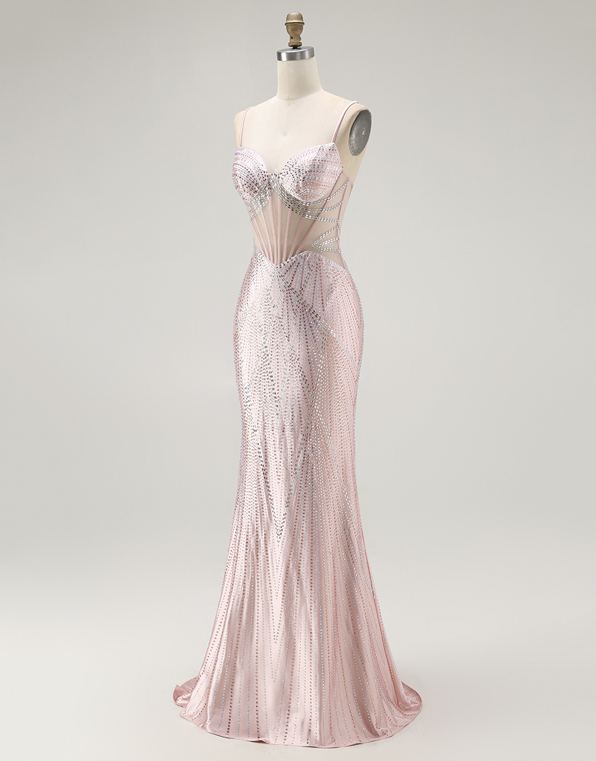 Sparkly Blush Mermaid Beaded Long Corset Prom Dress