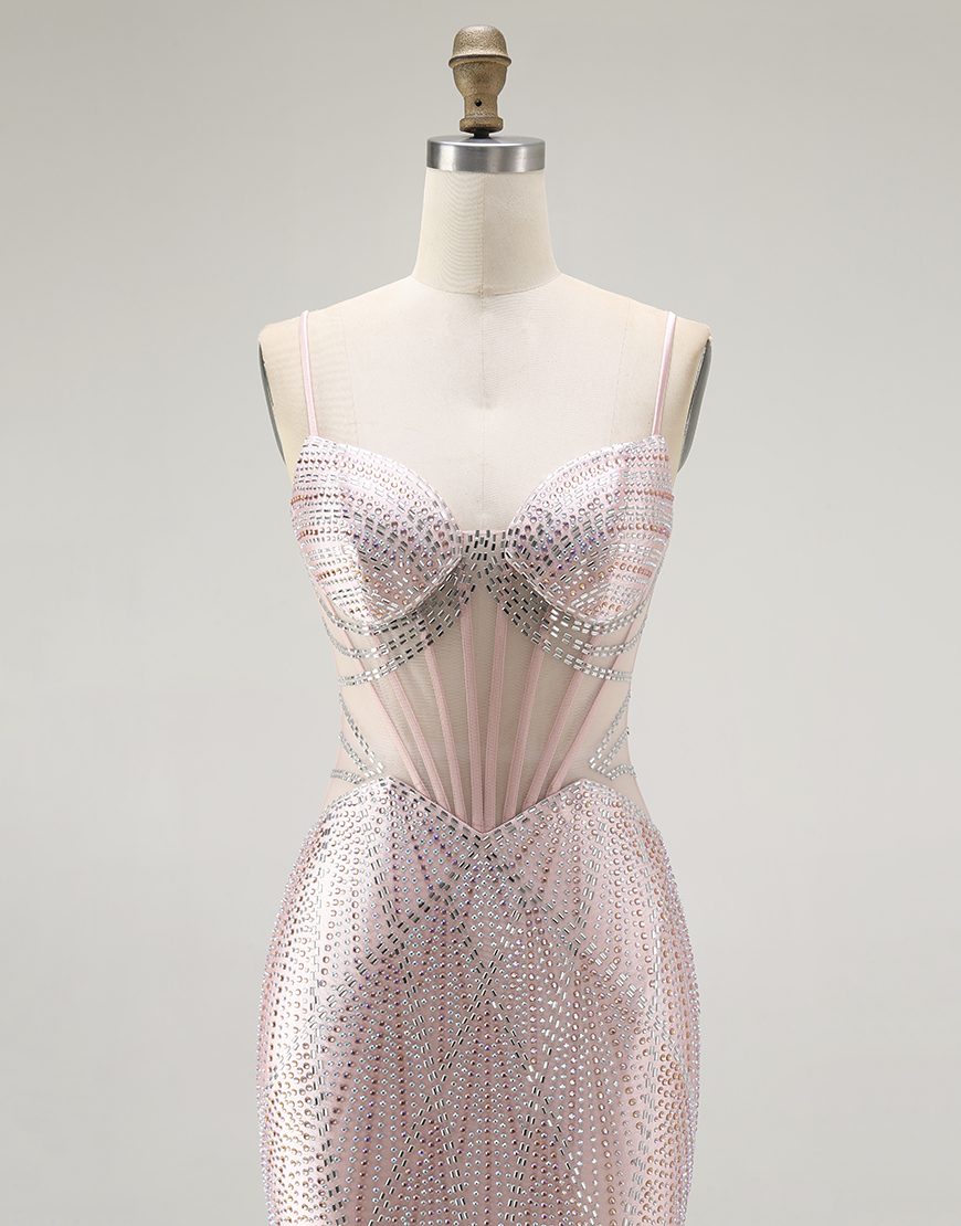 Sparkly Blush Mermaid Beaded Long Corset Prom Dress