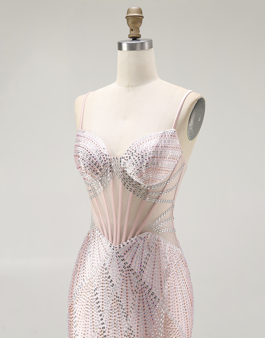 Sparkly Blush Mermaid Beaded Long Corset Prom Dress