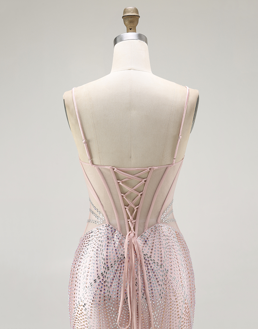 Sparkly Blush Mermaid Beaded Long Corset Prom Dress