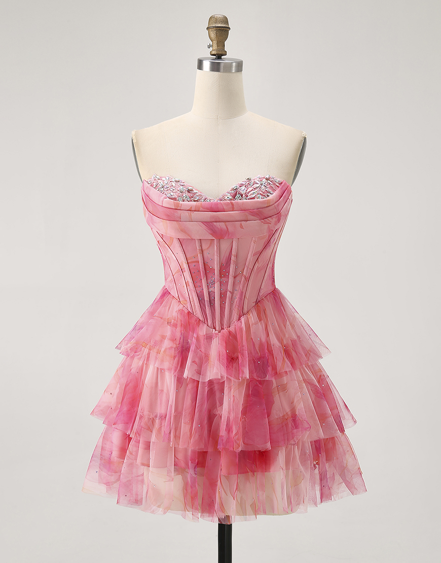 Sparkly Red Corset Short Tiered Beaded Homecoming Dress with Ruffles