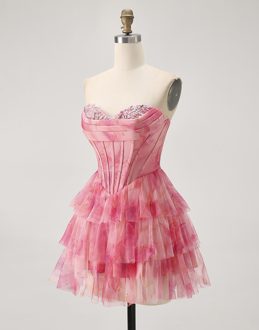 Sparkly Red Corset Short Tiered Beaded Homecoming Dress with Ruffles