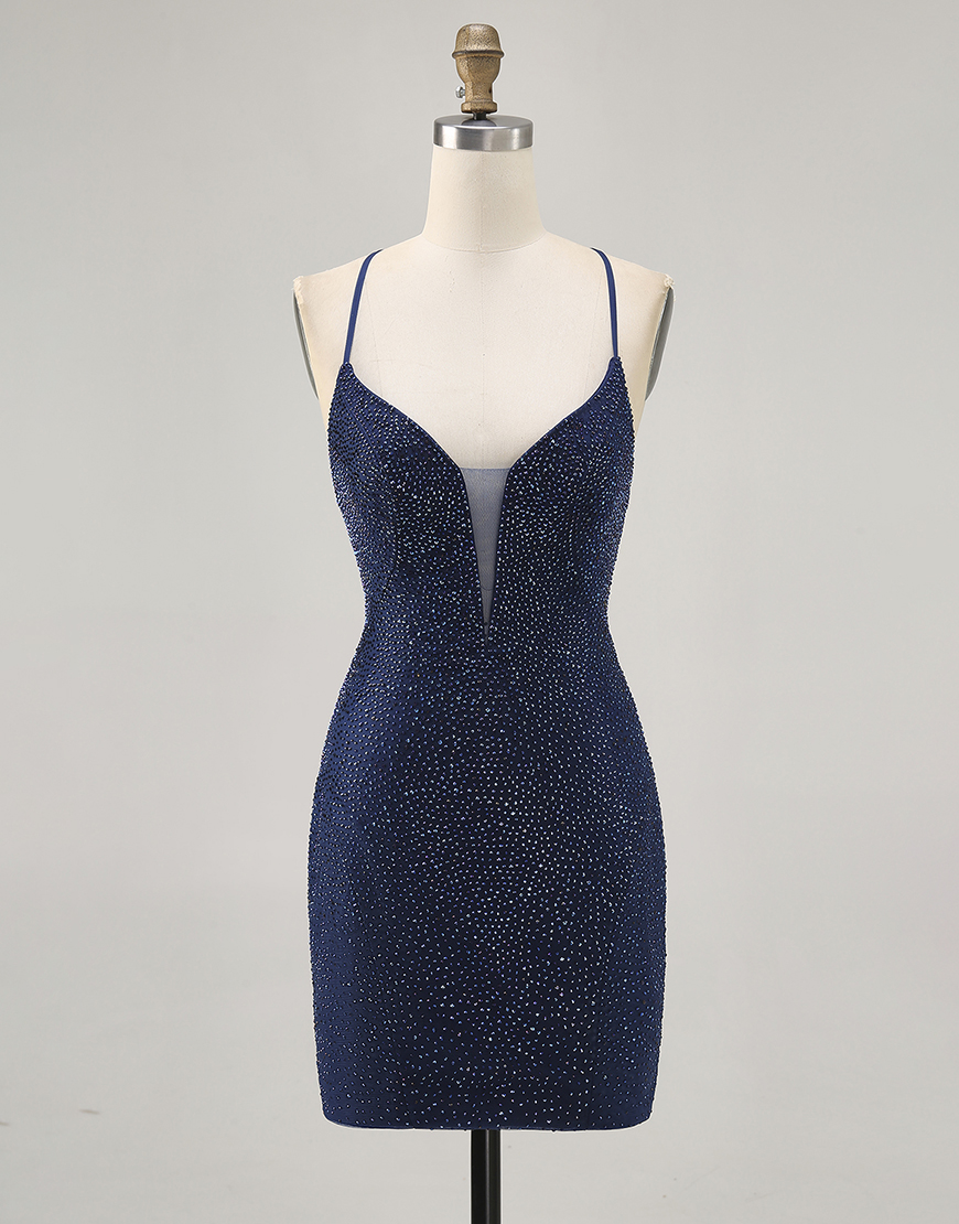 Sparkly Dark Blue Spaghetti Straps Short Homecoming Dress with Beading