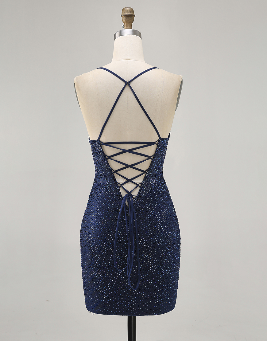 Sparkly Dark Blue Spaghetti Straps Short Homecoming Dress with Beading