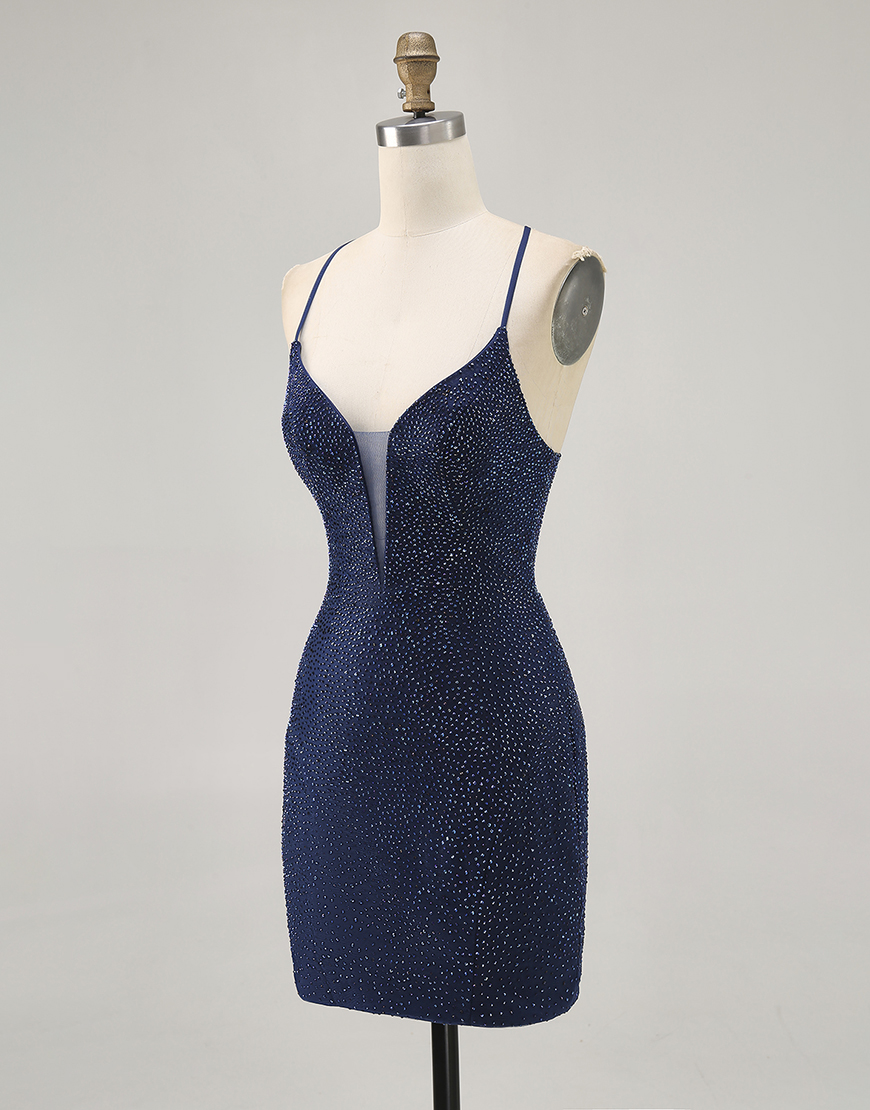Sparkly Dark Blue Spaghetti Straps Short Homecoming Dress with Beading