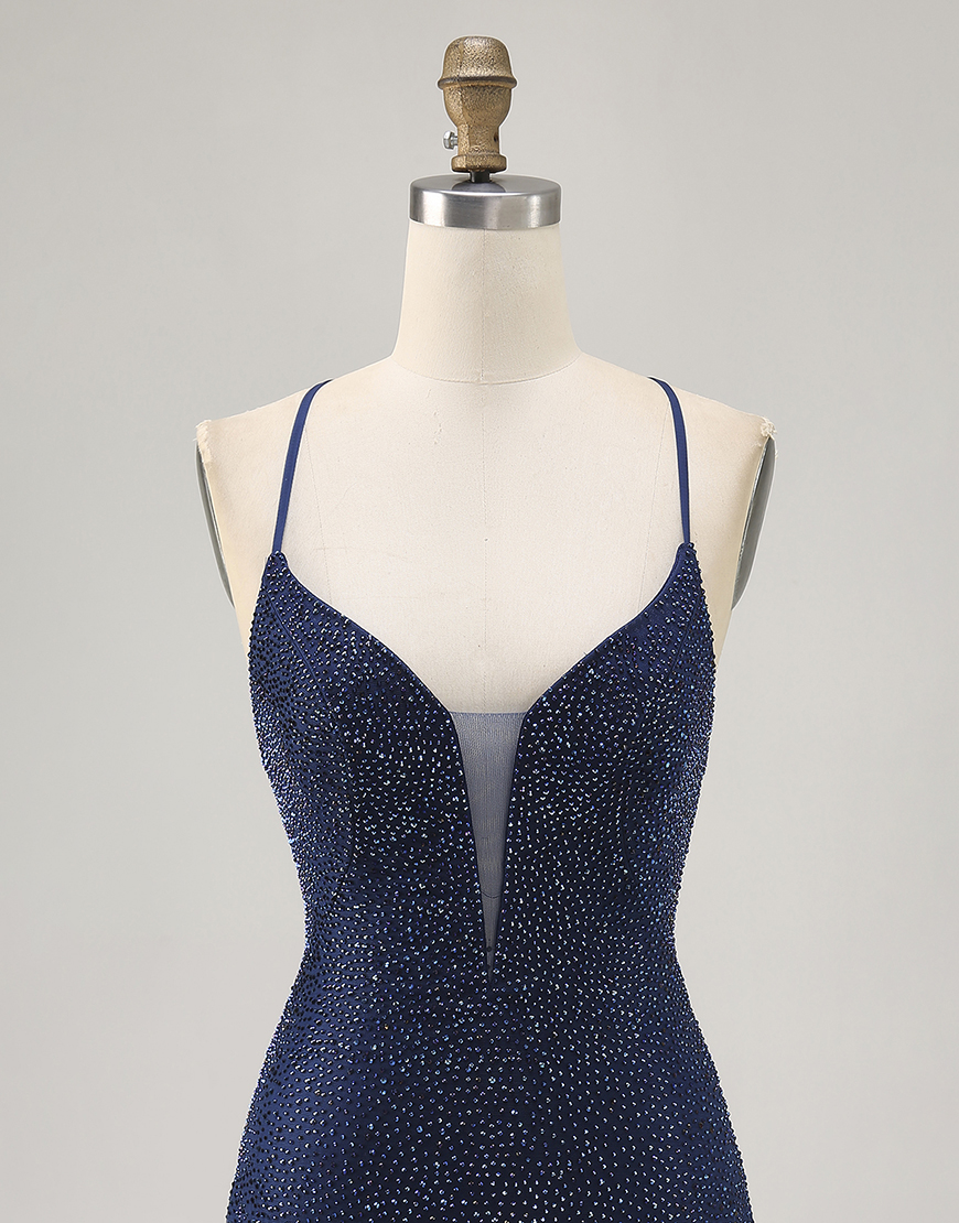 Sparkly Dark Blue Spaghetti Straps Short Homecoming Dress with Beading