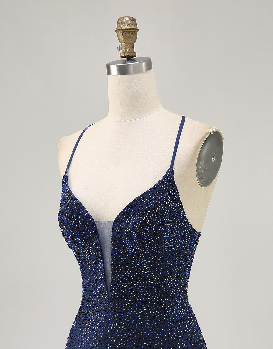 Sparkly Dark Blue Spaghetti Straps Short Homecoming Dress with Beading