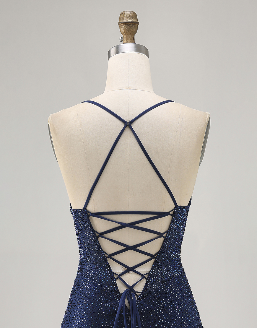 Sparkly Dark Blue Spaghetti Straps Short Homecoming Dress with Beading