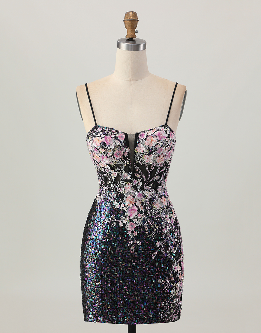 Sparkly White Floral Sequin Bodycon Short Corset Homecoming Dress