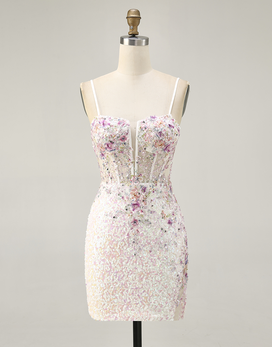 Berlinnova Women Sparkly White Floral Short Corset Homecoming Dress Sequin Bodycon Spaghetti Straps Cocktail Dress