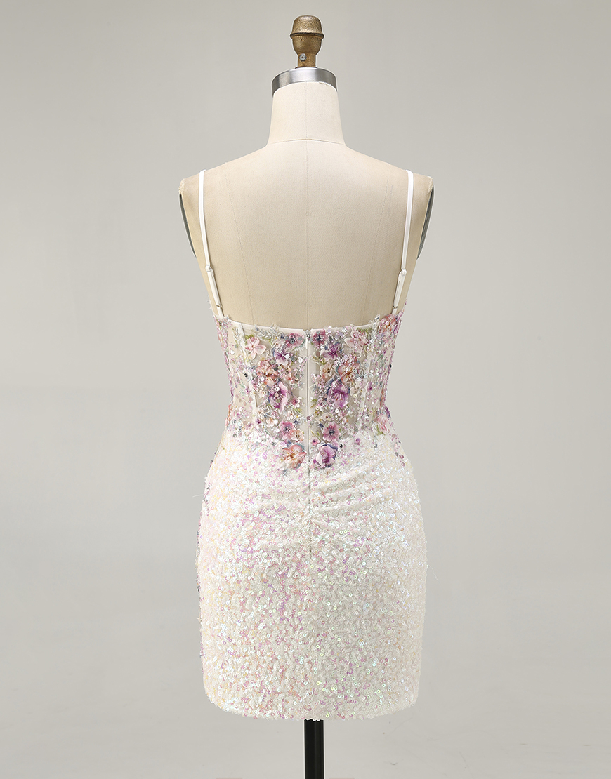Sparkly White Floral Sequin Bodycon Short Corset Homecoming Dress
