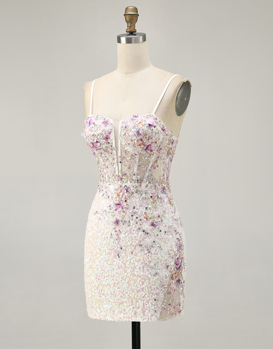 Sparkly White Floral Sequin Bodycon Short Corset Homecoming Dress