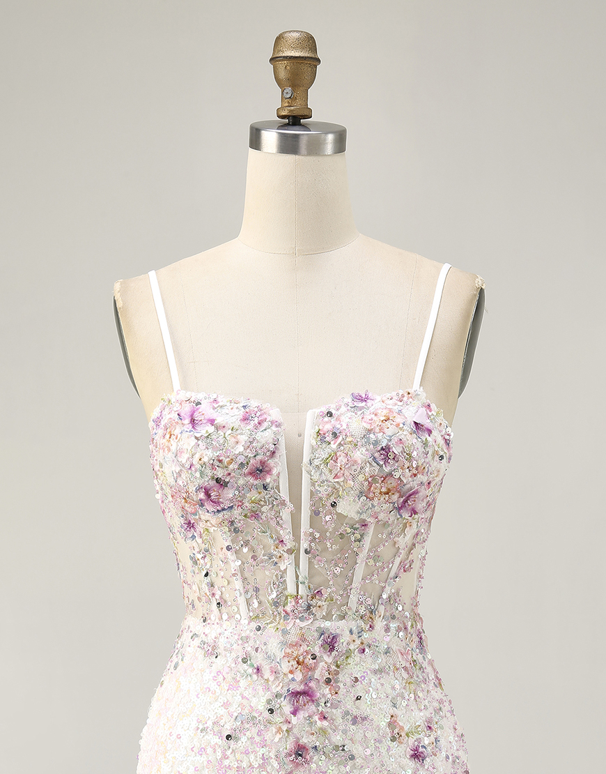 Sparkly White Floral Sequin Bodycon Short Corset Homecoming Dress