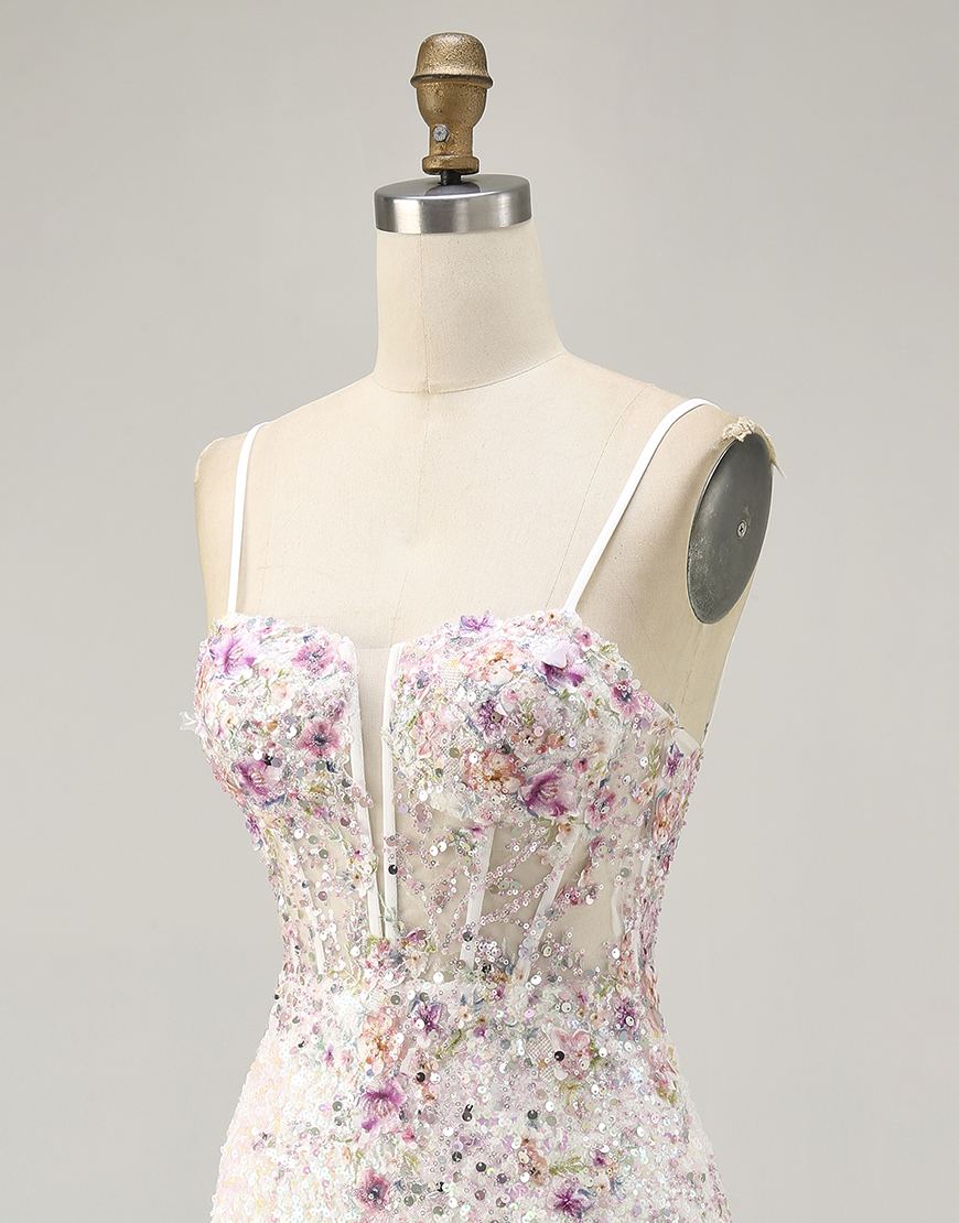 Sparkly White Floral Sequin Bodycon Short Corset Homecoming Dress