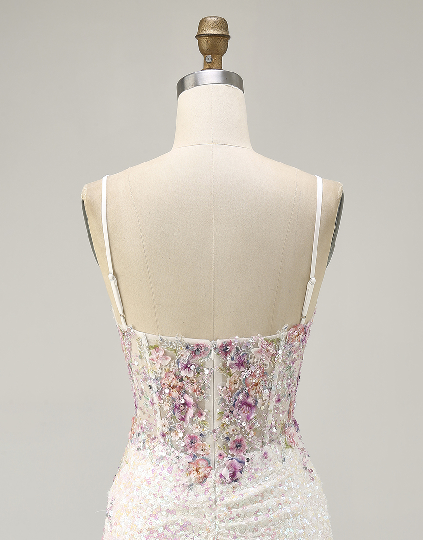 Sparkly White Floral Sequin Bodycon Short Corset Homecoming Dress
