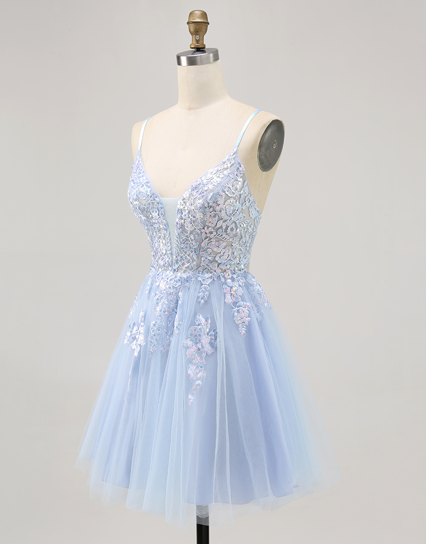 Sparkly Blue A Line Short Tulle Homecoming Dress with Appliques