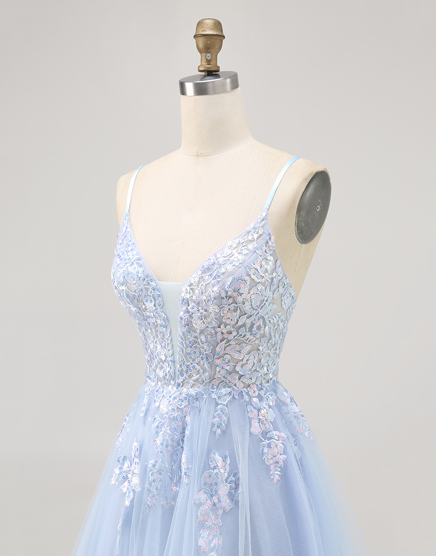 Sparkly Blue A Line Short Tulle Homecoming Dress with Appliques