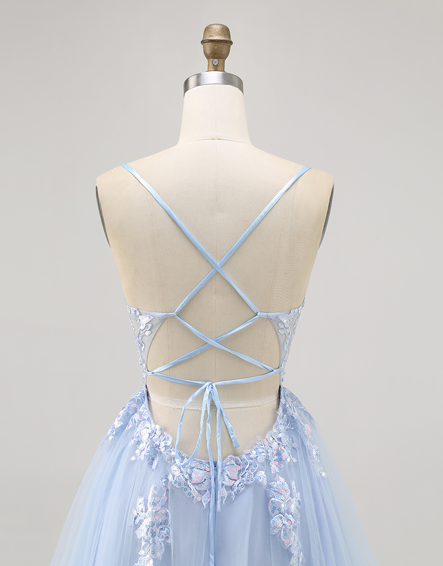 Sparkly Blue A Line Short Tulle Homecoming Dress with Appliques