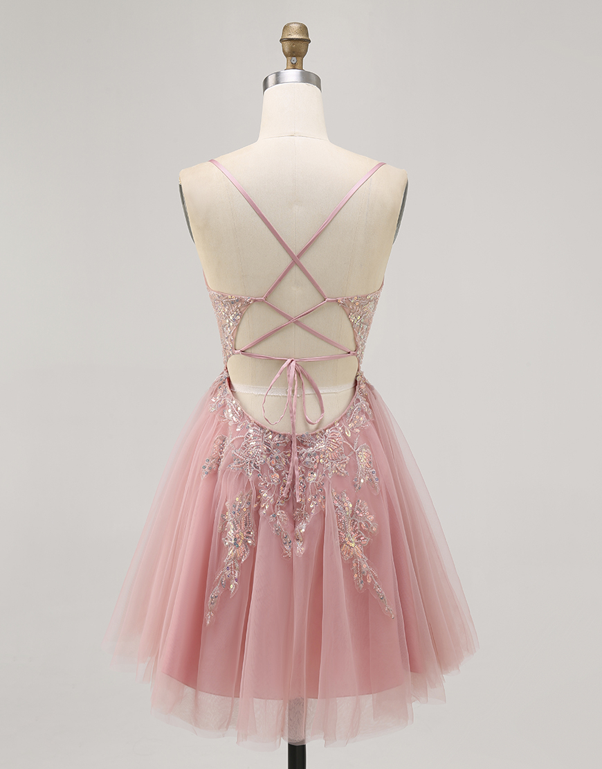 Sparkly Blush Tulle A Line Short Homecoming Dress with Beading