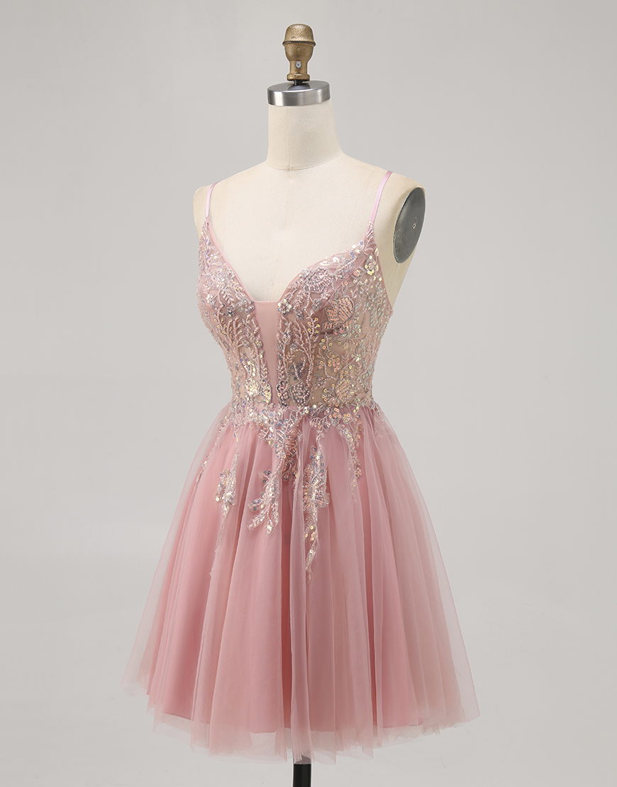 Sparkly Blush Tulle A Line Short Homecoming Dress with Beading