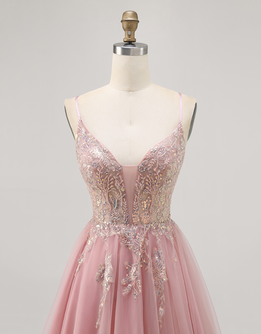 Sparkly Blush Tulle A Line Short Homecoming Dress with Beading