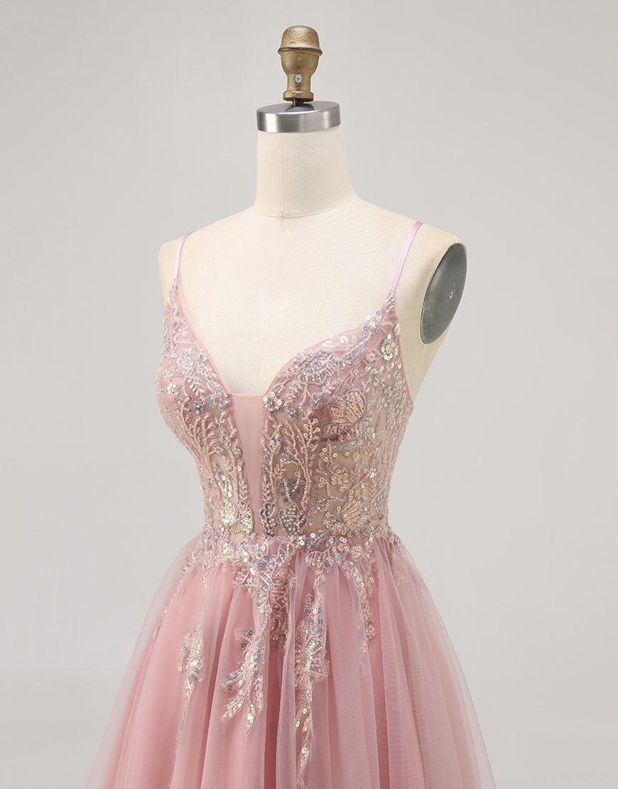 Sparkly Blush Tulle A Line Short Homecoming Dress with Beading