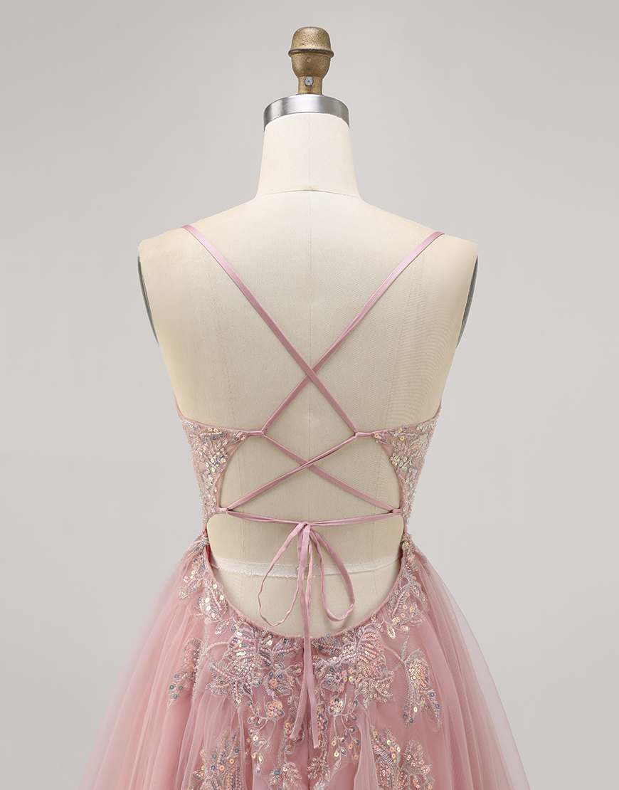 Sparkly Blush Tulle A Line Short Homecoming Dress with Beading