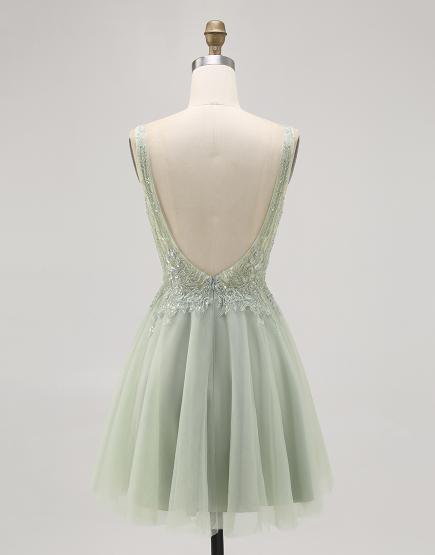 Sparkly Green A Line V-Neck Beaded Tulle Short Homecoming Dress