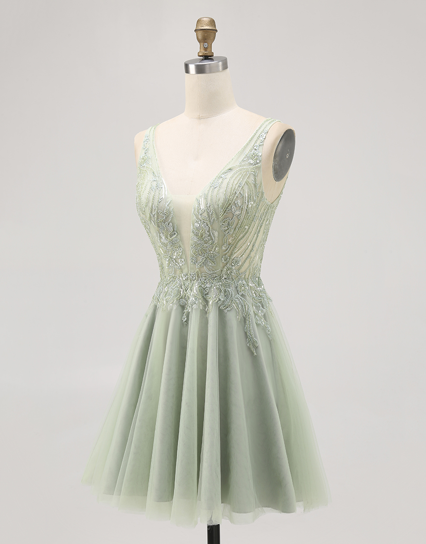 Sparkly Green A Line V-Neck Beaded Tulle Short Homecoming Dress
