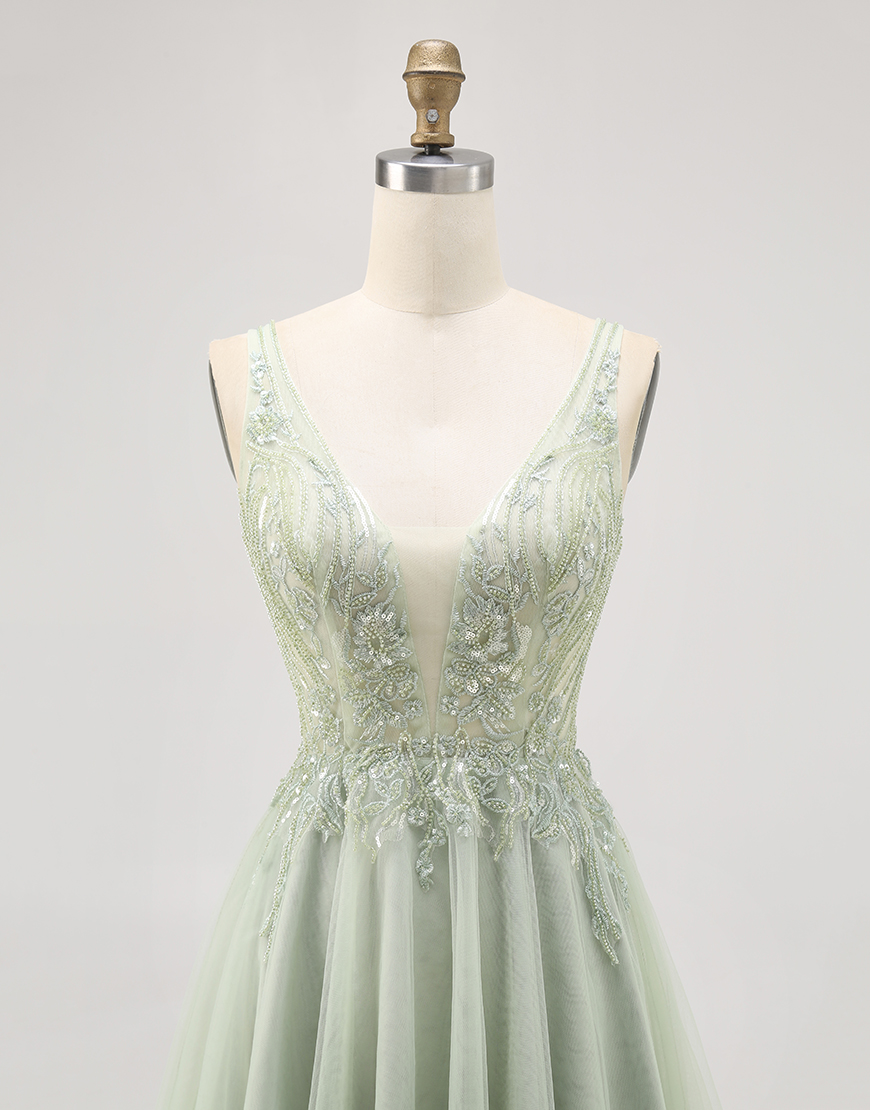 Sparkly Green A Line V-Neck Beaded Tulle Short Homecoming Dress